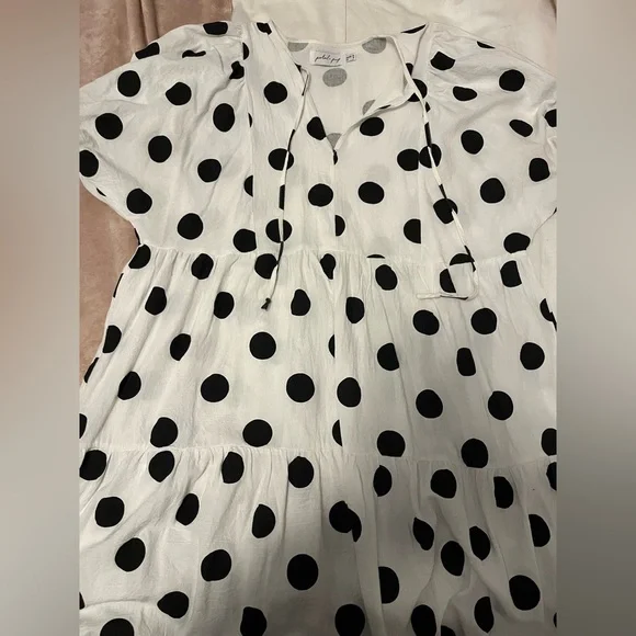 Petal & Pup Midi Tiered Skirt Flowy Polka Dot Puff Sleeve Tie Neck Tarnie Dress - Picture 9 of 11